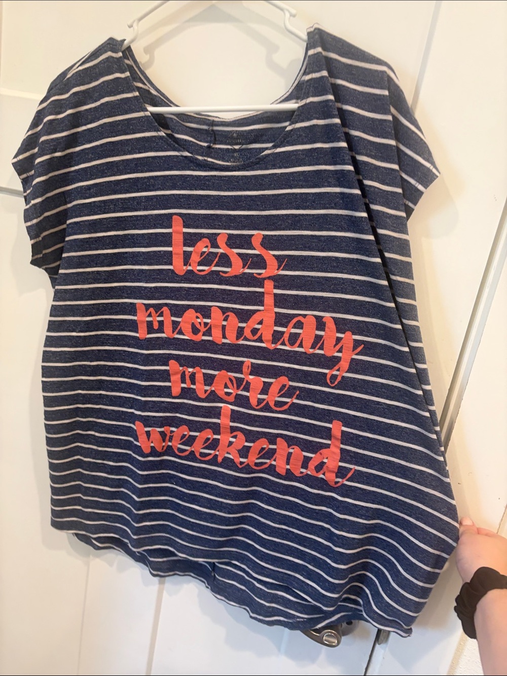 Striped Navy Tee with Coral Script - "Less Monday More Weekend"